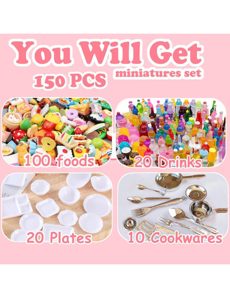 150 Piezas Miniaturas Comida y Bebidas para Muñecas 1:12
