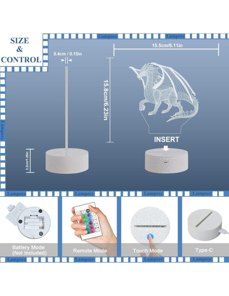 Lámpara Nocturna 3D Lampeez Dragón, 16 Colores, Control Remoto Lámpara Nocturna 3D Lampeez Dragón, 16 Colores, Control Remoto