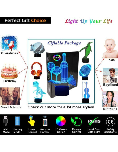 Lámpara de Noche 3D Vaso de Vino KOLITEE 16 Colores LED