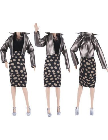 E-TING Conjunto Abrigo de Cuero Metálico para Muñecas 30 cm