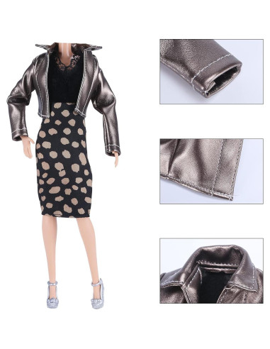 E-TING Conjunto Abrigo de Cuero Metálico para Muñecas 30 cm