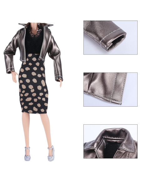 E-TING Conjunto Abrigo de Cuero Metálico para Muñecas 30 cm