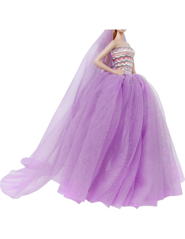 Vestido de boda morado BJDBUS con velo para muñeca 29 cm