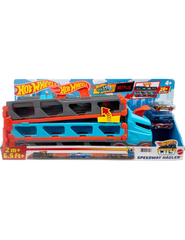 Transportador Speedway Hot Wheels con 3 coches y pista 1,8 m