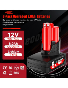 Paquete de 2 Baterías de 8000mAh 12V para Milwaukee M12 2