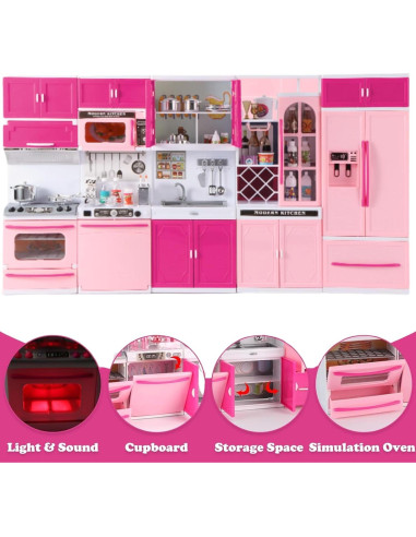 Juego de Cocina Mini Rosa para Muñecas 5-en-1 con Sonido
