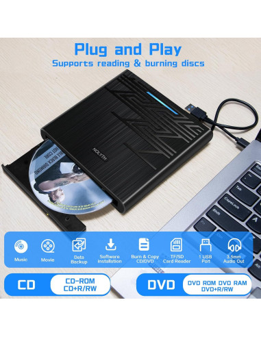 Unidad DVD Externa NOLYTH USB-C con Audio 3.5mm y Lector SD