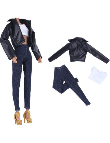 E-TING Abrigo de Cuero para Muñecas 29 cm y 30 cm Negro