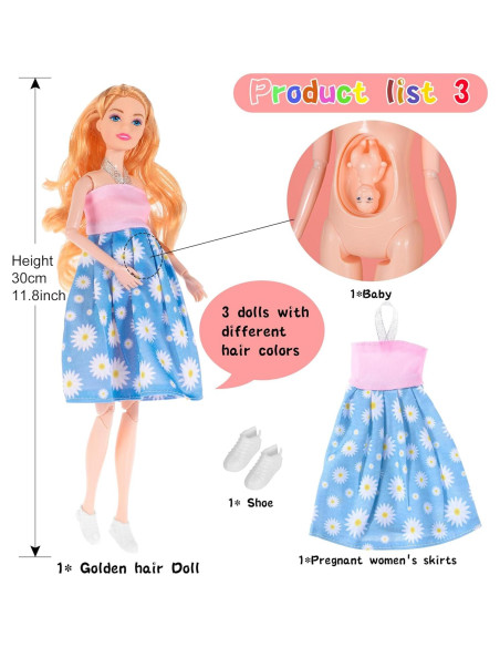 Paquete de 3 muñecas embarazadas Dollbie 29 cm intercambiables