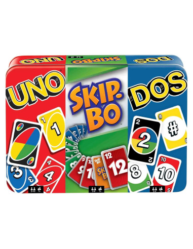 Juego de Cartas Mattel UNO, DOS y Skip-Bo en Estuche