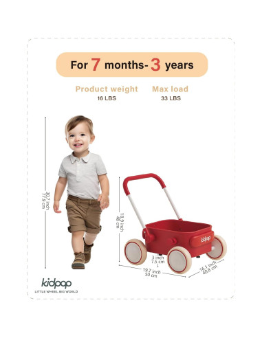 Carrito de Empuje PULA para Bebés 6-12 Meses Rojo