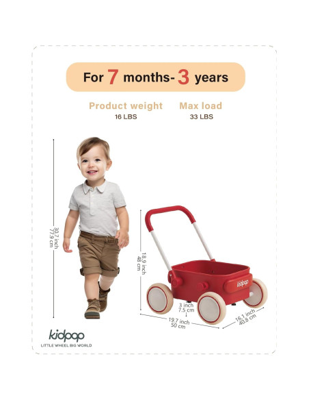 Carrito de Empuje PULA para Bebés 6-12 Meses Rojo