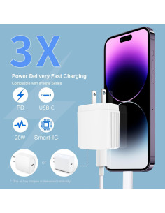 Cargador Rápido USB C 20W Mitesbony + 3 Cables Lightning 10FT 2