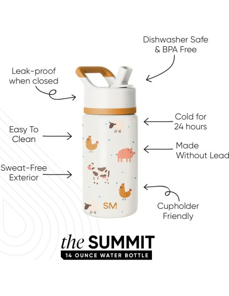 Botella de Agua Simple Modern Niños 414ml Tapa Pajita Animales