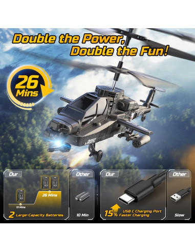 Helicóptero RC DEERC Apache Militar con Luces LED y 26 Min de Vuelo