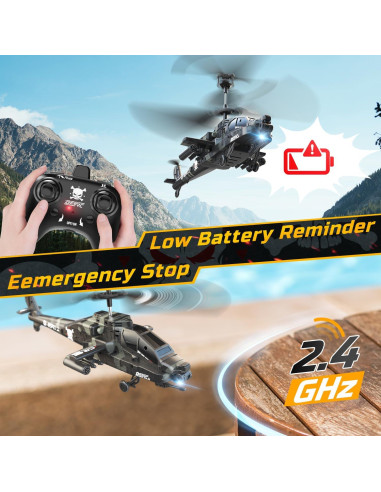 Helicóptero RC DEERC Apache Militar con Luces LED y 26 Min de Vuelo