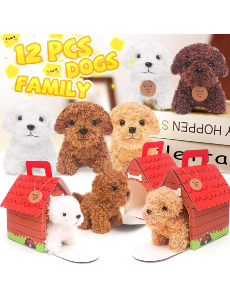 12 Mini Perros de Peluche HAPGFS con Llaveros y Casa