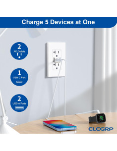 Enchufe de Pared USB-C ELEGRP 3 Puertos 20A Blanco 10 Unidades 2