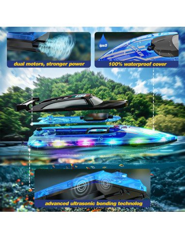 Barco RC JOI MEW Azul a Prueba de Agua con Luces LED