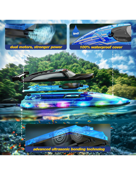 Barco RC JOI MEW Azul a Prueba de Agua con Luces LED