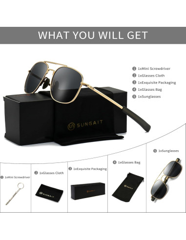 Gafas de sol piloto SUNGAIT con lentes polarizados y patillas