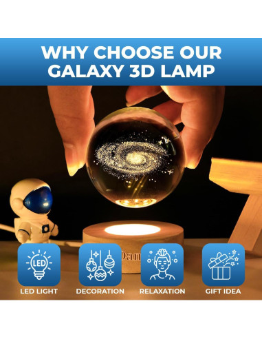 Lámpara Galáctica 3D CRISDAN Esfera de Cristal Base de Madera