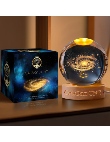 Lámpara Galáctica 3D CRISDAN Esfera de Cristal Base de Madera