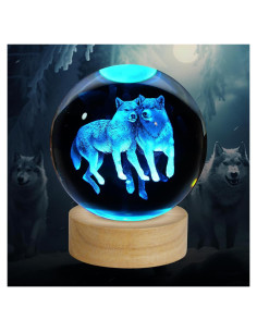 Lámpara de Cristal 3D Lobo LED 16 Colores Base Madera