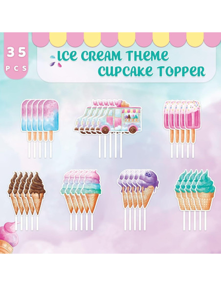 Adornos para Cupcakes WERNNSAI 35 Piezas Helado Colorido