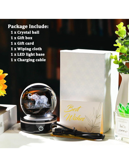 Bola de Cristal 3D Elefante YWHL con Base LED Colorida