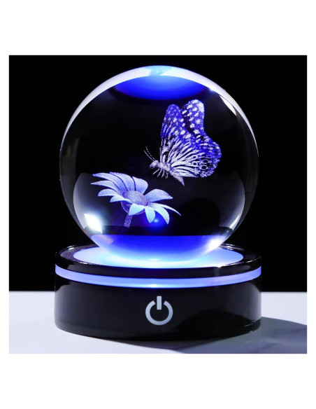 Bola de Cristal 3D YWHL Mariposa y Flor con Base LED