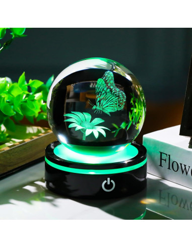 Bola de Cristal 3D YWHL Mariposa y Flor con Base LED