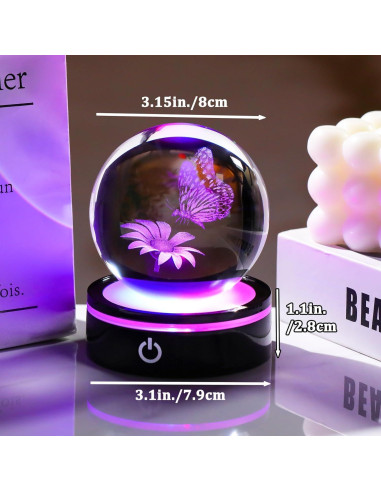 Bola de Cristal 3D YWHL Mariposa y Flor con Base LED