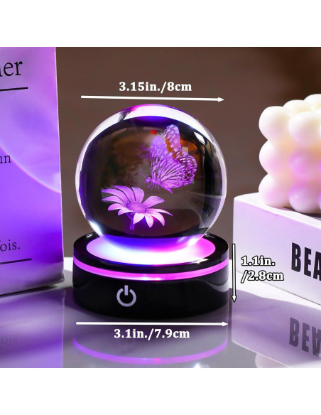 Bola de Cristal 3D YWHL Mariposa y Flor con Base LED