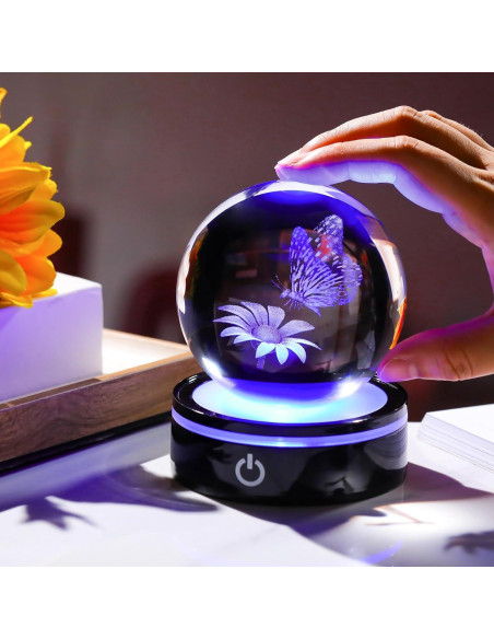 Bola de Cristal 3D YWHL Mariposa y Flor con Base LED