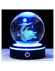 YWHL Bola de Cristal 3D Tortuga Marina con Base LED 8cm