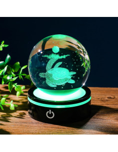 YWHL Bola de Cristal 3D Tortuga Marina con Base LED 8cm 2