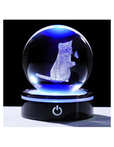 Bola de Cristal 3D YWHL Gato y Mariposa Luz LED 8cm