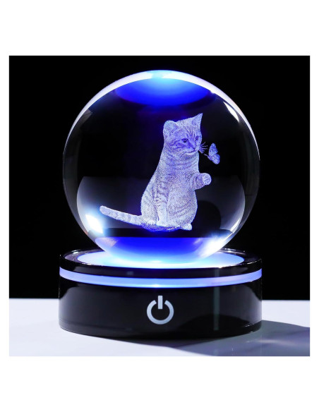 Bola de Cristal 3D YWHL Gato y Mariposa Luz LED 8cm