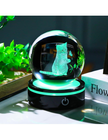 Bola de Cristal 3D YWHL Gato y Mariposa Luz LED 8cm