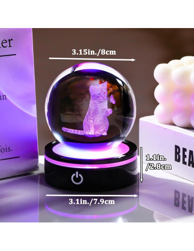 Bola de Cristal 3D YWHL Gato y Mariposa Luz LED 8cm