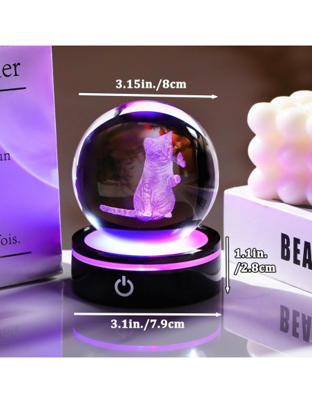 Bola de Cristal 3D YWHL Gato y Mariposa Luz LED 8cm
