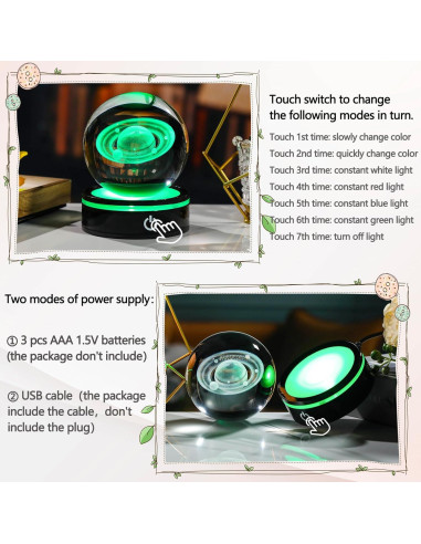 Bola de Cristal 3D YWHL Saturno con Base LED 8cm