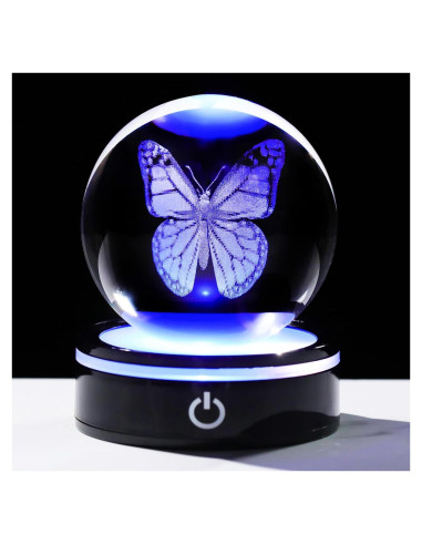 Esfera de Cristal 3D Mariposa YWHL con Base LED Colorida 8cm