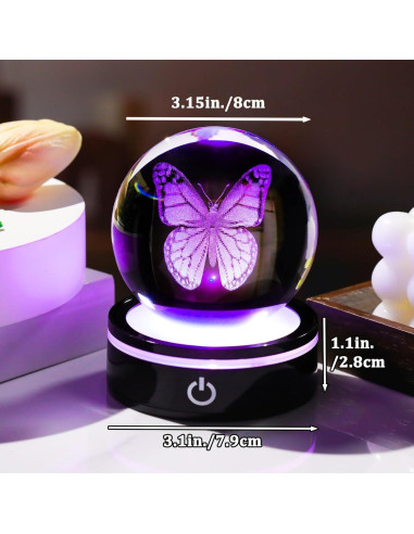 Esfera de Cristal 3D Mariposa YWHL con Base LED Colorida 8cm