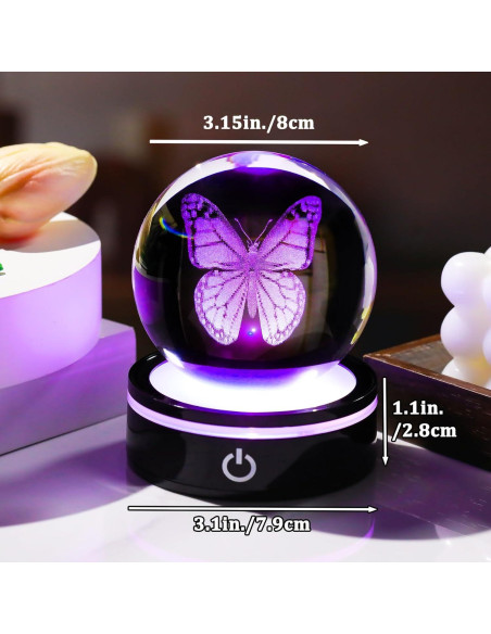 Esfera de Cristal 3D Mariposa YWHL con Base LED Colorida 8cm