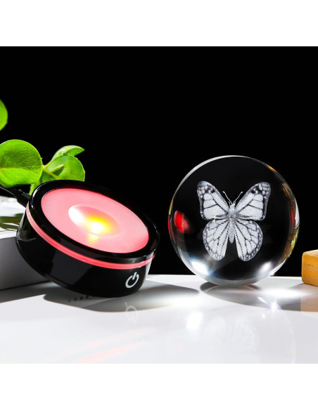 Esfera de Cristal 3D Mariposa YWHL con Base LED Colorida 8cm