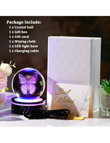 Esfera de Cristal 3D Mariposa YWHL con Base LED Colorida 8cm
