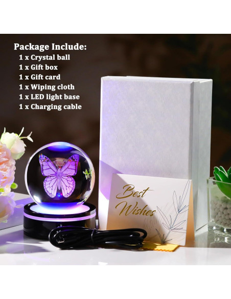 Esfera de Cristal 3D Mariposa YWHL con Base LED Colorida 8cm