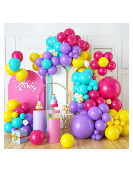 Arco de Globos Isndare Rosa, Azul, Amarillo y Púrpura